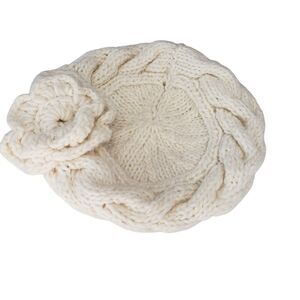e.c.c. 100% Wool Women's Cream Beret Hat with Rose Decor, Handmade in Ecuador